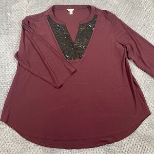 Cato Women's Blouse Sequin Neckline Maroon Size 22/24W Stretch Comfort Holiday